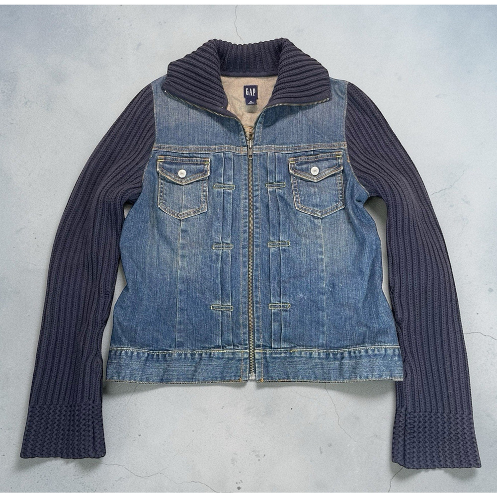 VTG Y2K Gap Full Zip Denim Jean Jacket Womens M Knit Sweater Sleeves Boho Grunge
